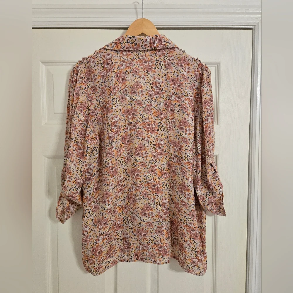Indigo Rose pink Floral Button-Up Blouse with ruffles size XL - Picture 2 of 7